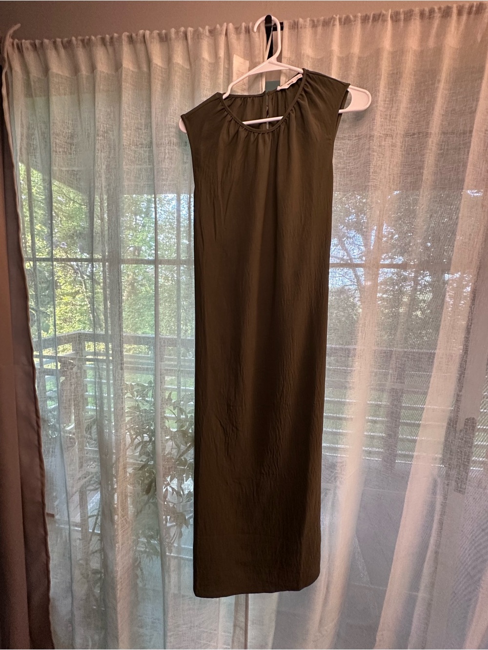 Mango Olive Green Midi Dress with Gathered Neck